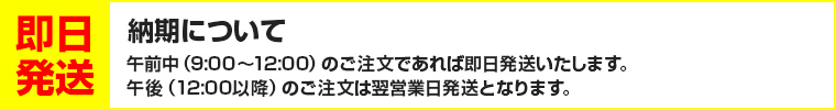 午前中（9:00〜12:00）のご注文であれば即日発送いたします。午後（12:00以降）のご注文は翌営業日発送となります。